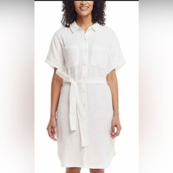 NWT Weatherproof Vintage Women’s White Short Sleeve Button Up Gauzy Dress Size M - Picture 1 of 10